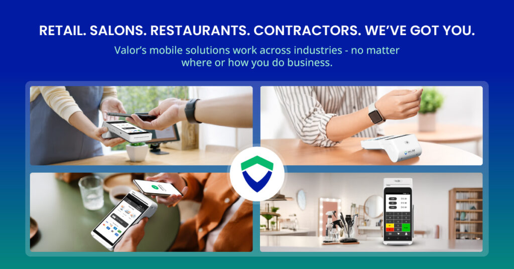 Mobile payment adoption across industries—retail, salons, restaurants, and contractors using Valor mobile POS systems